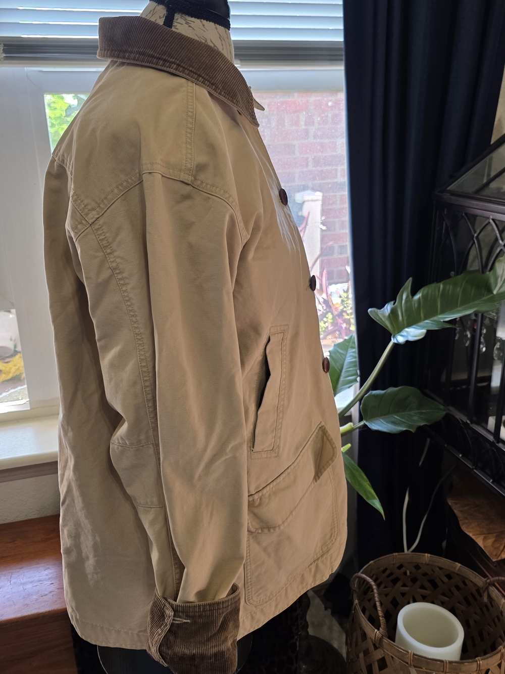 L.L. Bean Vintage 90s Khaki Utility Barn Chore Jacket with Brown Corduroy Collar - Picture 5 of 11